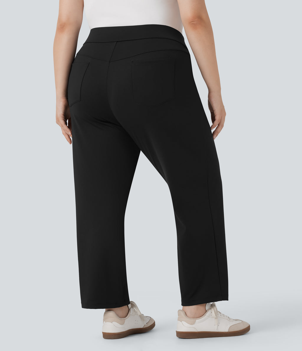 High Waisted Pockets Straight Leg Quick Dry Golf Plus Size Trousers-Golf Tee-UPF40+ — Black — view 2