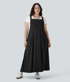 Adjustable Strap Button Flowy Quick Dry Midi Casual Plus Size Pinafore Dress with Pockets — Black — view 3