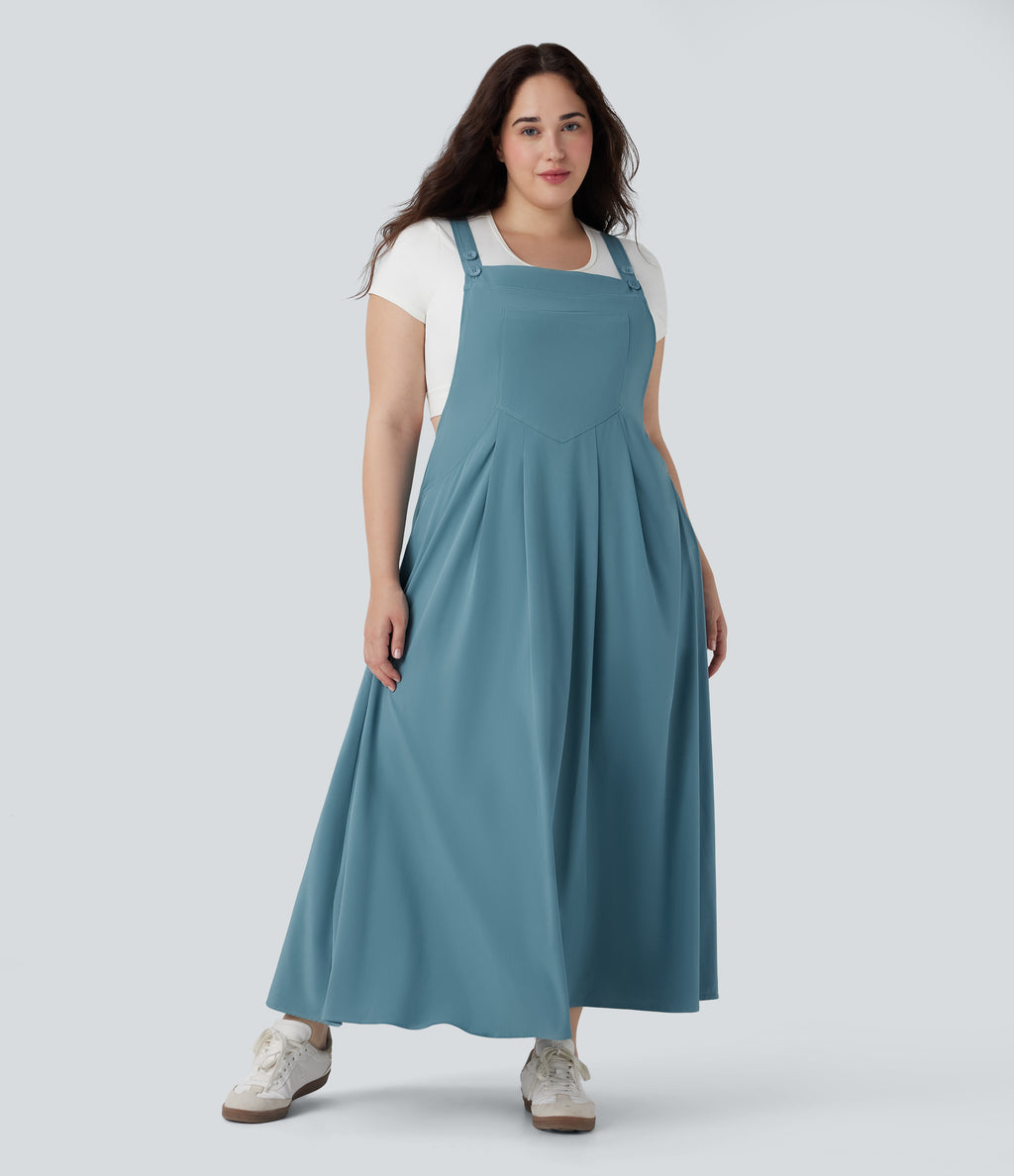 Adjustable Strap Button Flowy Quick Dry Midi Casual Plus Size Pinafore Dress with Pockets — Stone Blue — view 6