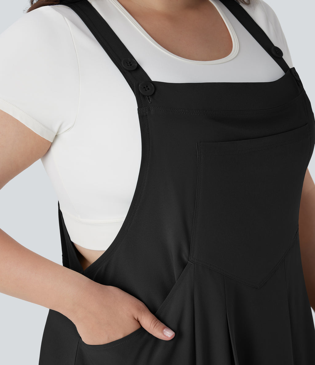 Adjustable Strap Button Flowy Quick Dry Midi Casual Plus Size Pinafore Dress with Pockets — Black — view 4