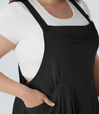 Adjustable Strap Button Flowy Quick Dry Midi Casual Plus Size Pinafore Dress with Pockets — Black — view 4