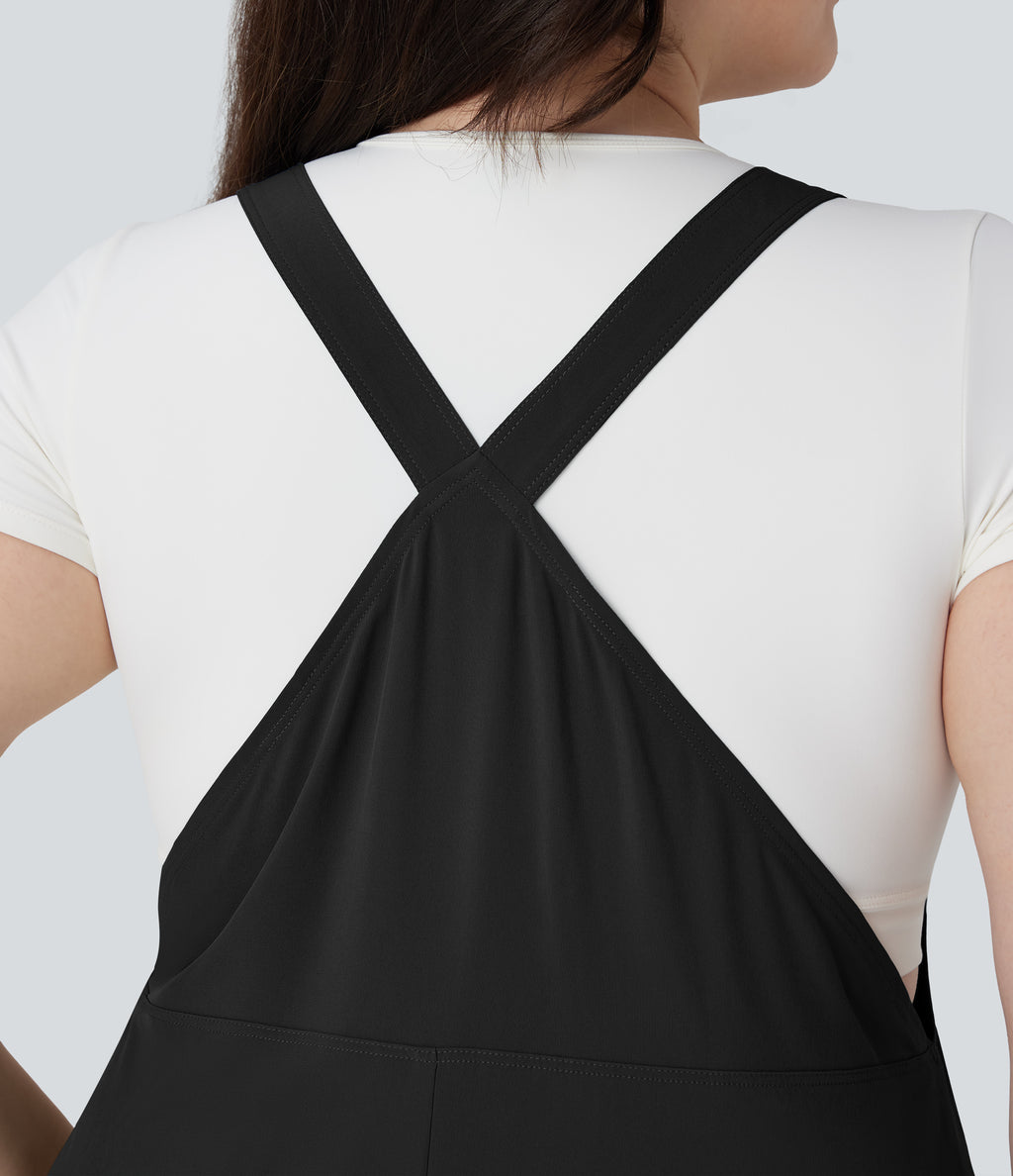Adjustable Strap Button Flowy Quick Dry Midi Casual Plus Size Pinafore Dress with Pockets — Black — view 5