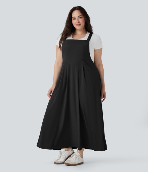 Adjustable Strap Button Flowy Quick Dry Midi Casual Plus Size Pinafore Dress with Pockets — Black — view 1