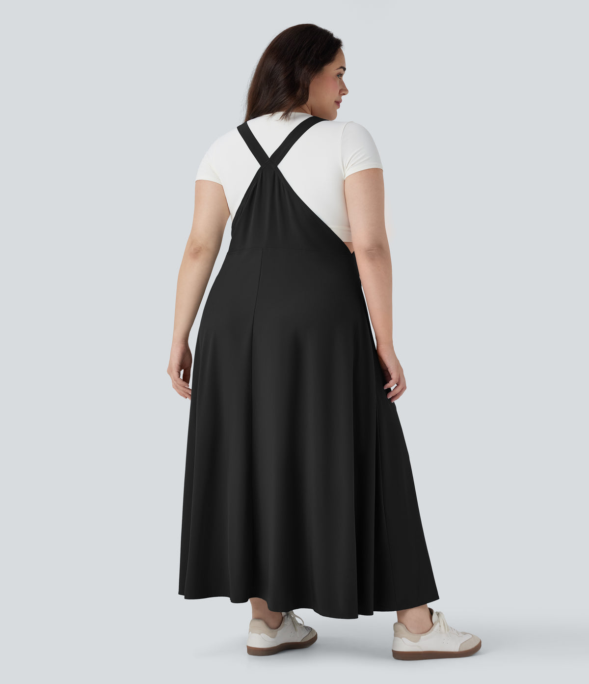 Adjustable Strap Button Flowy Quick Dry Midi Casual Plus Size Pinafore Dress with Pockets — Black — view 2