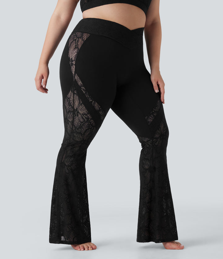 Crossover High Waisted Contrast Lace Yoga Plus Size Flared Leggings with Pocket — Black — view 1