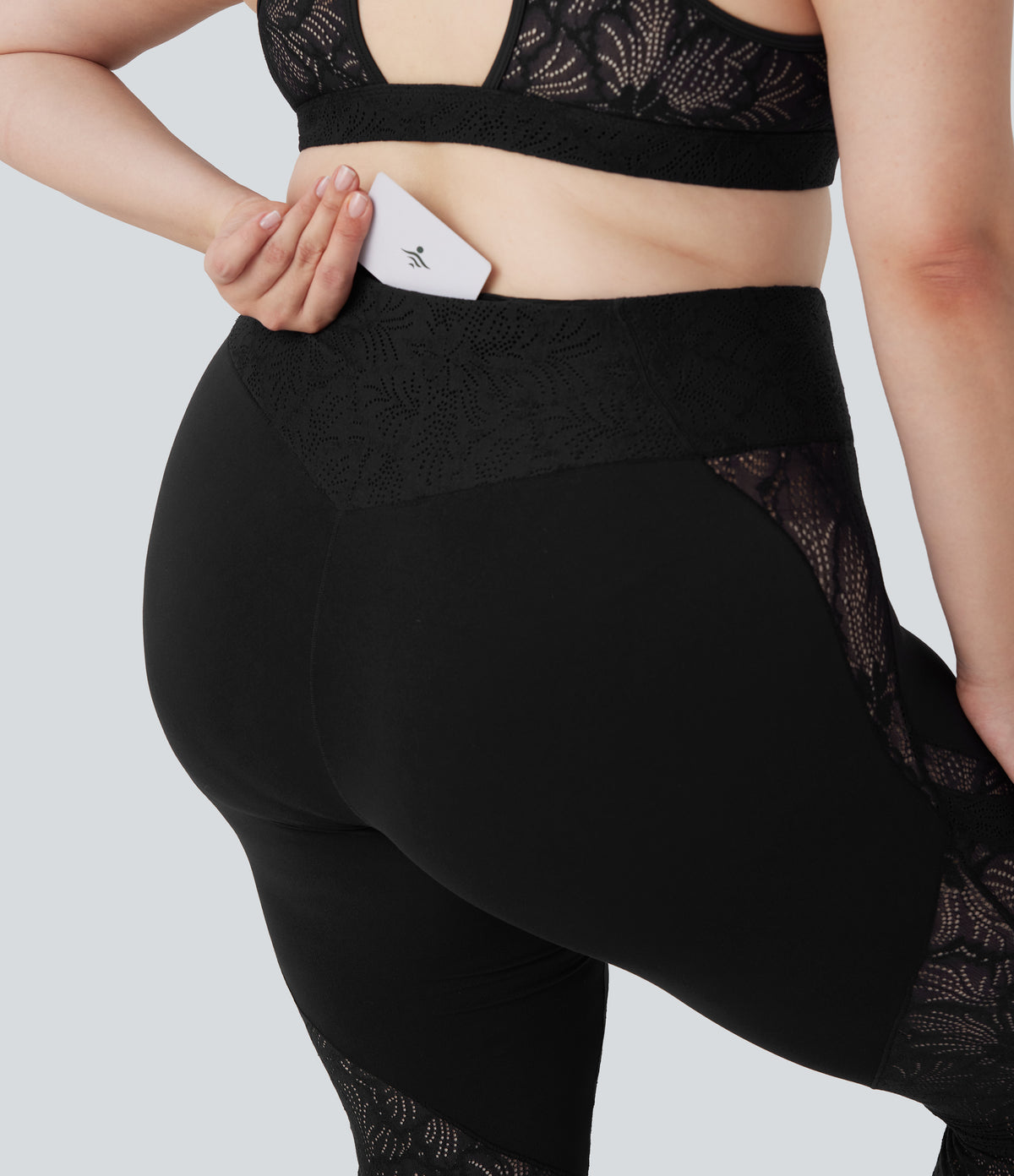 Crossover High Waisted Contrast Lace Yoga Plus Size Flared Leggings with Pocket — Black — view 5
