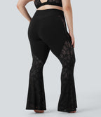 Crossover High Waisted Contrast Lace Yoga Plus Size Flared Leggings with Pocket — Black — view 2