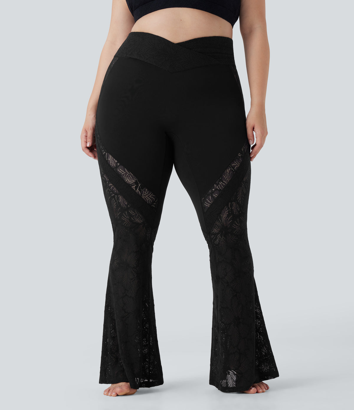 Crossover High Waisted Contrast Lace Yoga Plus Size Flared Leggings with Pocket — Black — view 3