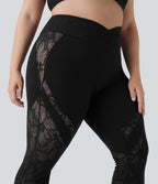 Crossover High Waisted Contrast Lace Yoga Plus Size Flared Leggings with Pocket — Black — view 4