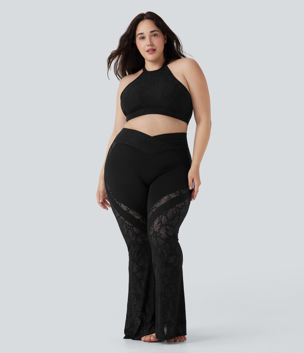 Crossover High Waisted Contrast Lace Yoga Plus Size Flared Leggings with Pocket — Black — view 6