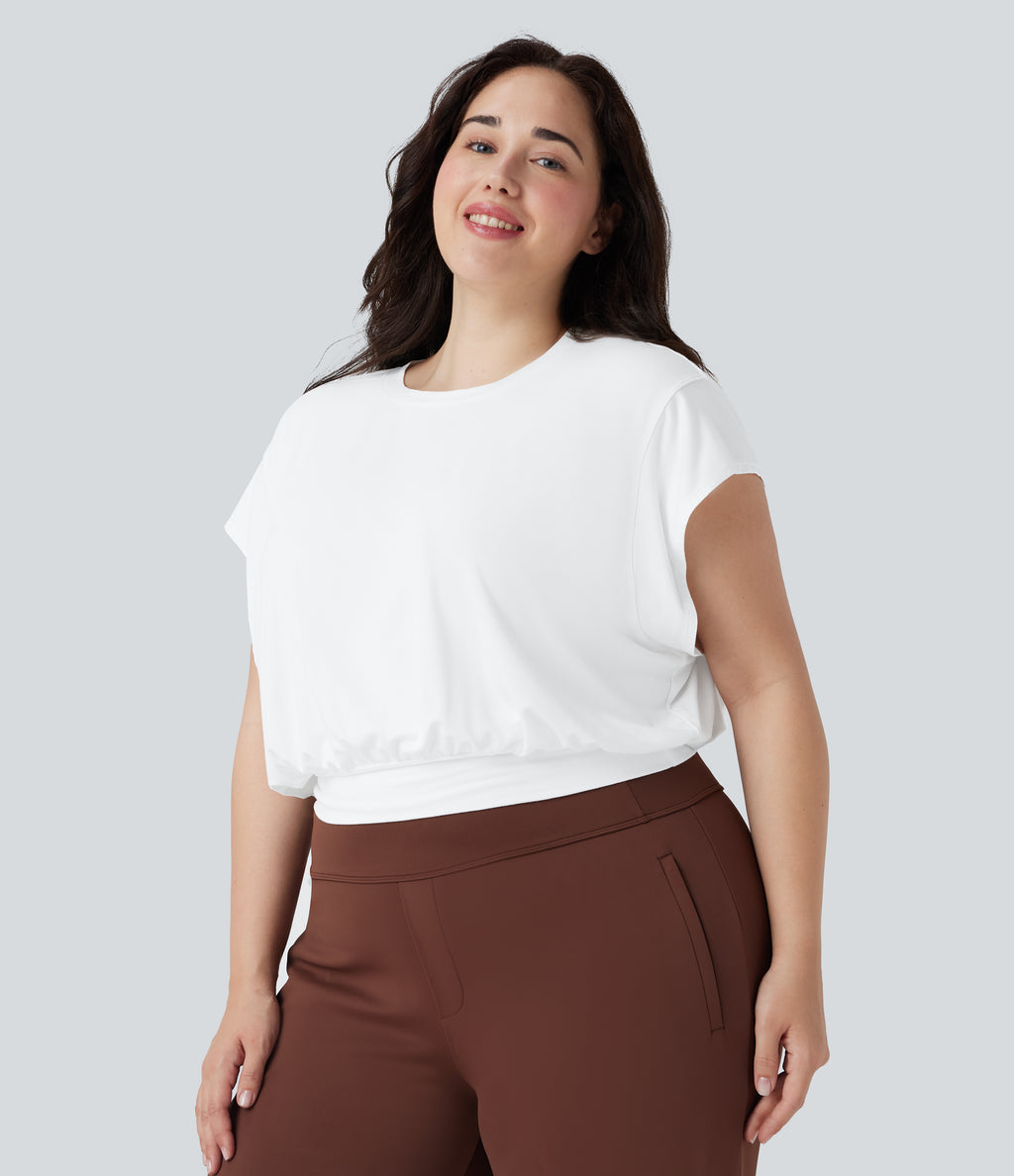 Round Neck Short Batwing Sleeve Work Plus Size T-Shirt — White — view 3