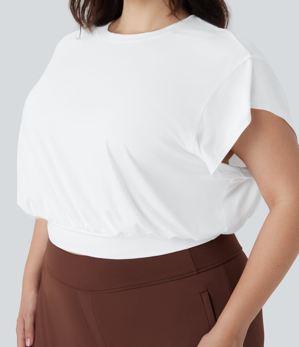 Round Neck Short Batwing Sleeve Work Plus Size T-Shirt — White — view 4