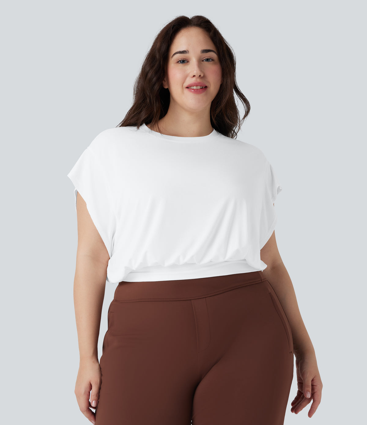 Round Neck Short Batwing Sleeve Work Plus Size T-Shirt — White — view 1