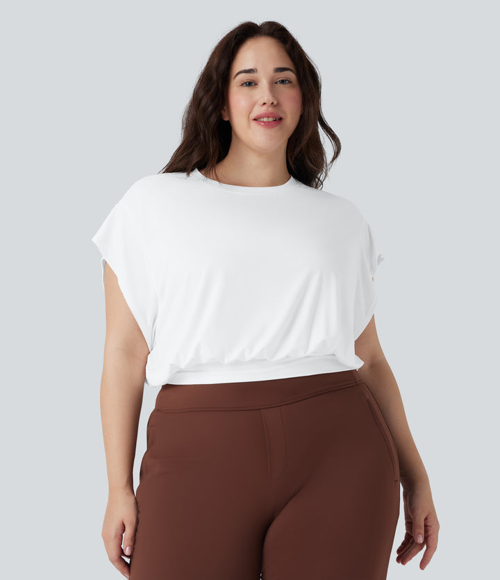 Round Neck Short Batwing Sleeve Work Plus Size T-Shirt — White — view 1