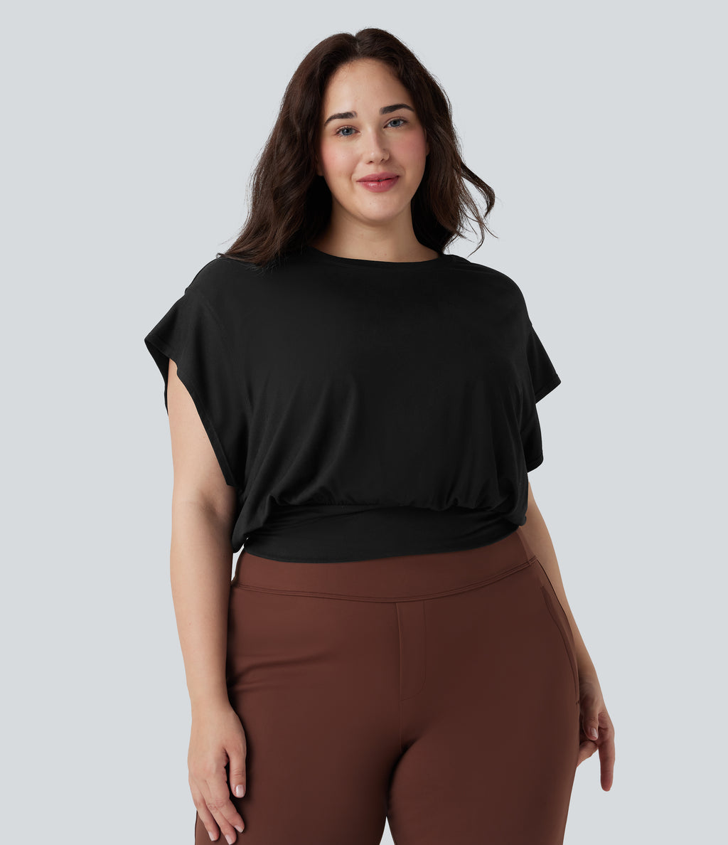 Round Neck Short Batwing Sleeve Work Plus Size T-Shirt — Black — view 6