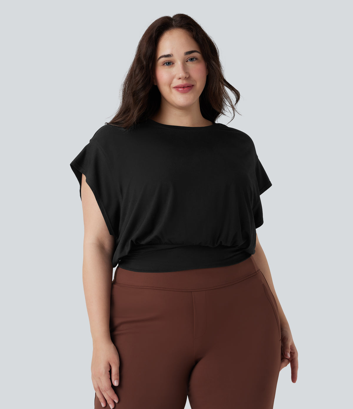 Round Neck Short Batwing Sleeve Work Plus Size T-Shirt — Black — view 6