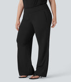 Plus Size High Waisted Work Flared Trousers with Side Zip Pockets — Black — view 1