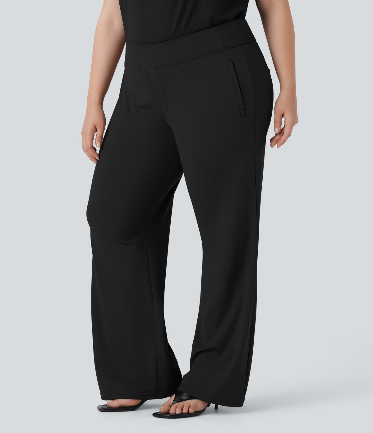 Plus Size High Waisted Work Flared Trousers with Side Zip Pockets — Black — view 1