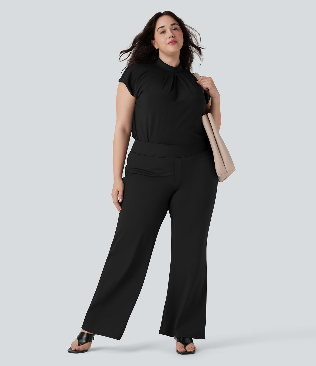 Plus Size High Waisted Work Flared Trousers with Side Zip Pockets — Black — view 6