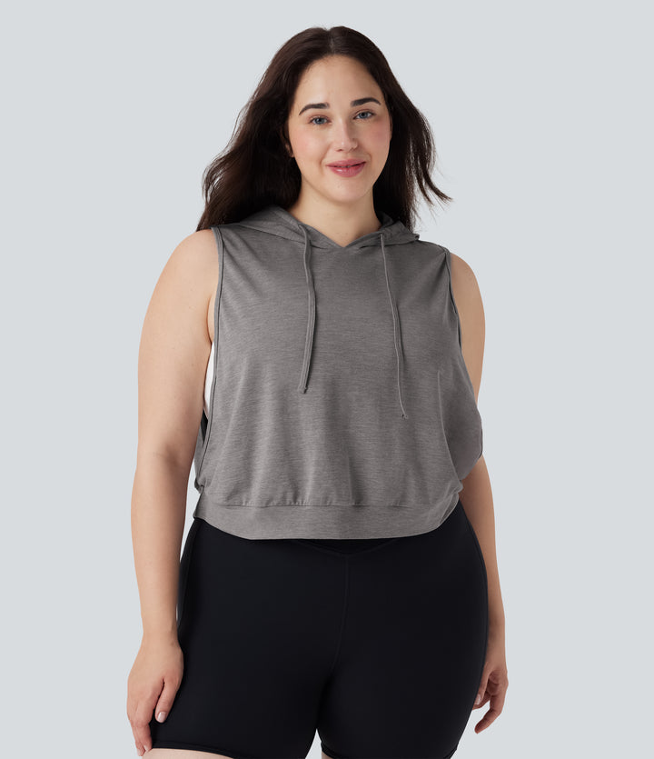 Hooded Drawstring Sleeveless Cropped Running Plus Size Tank Vest Top — Mottled Earth Gray — view 1