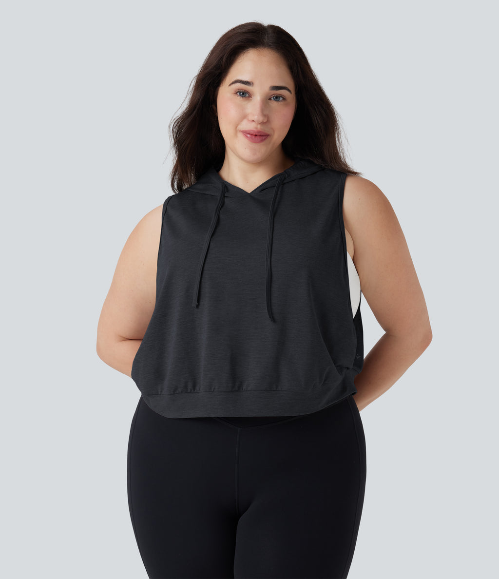 Hooded Drawstring Sleeveless Cropped Running Plus Size Tank Vest Top — Mottled Hemp Black — view 7