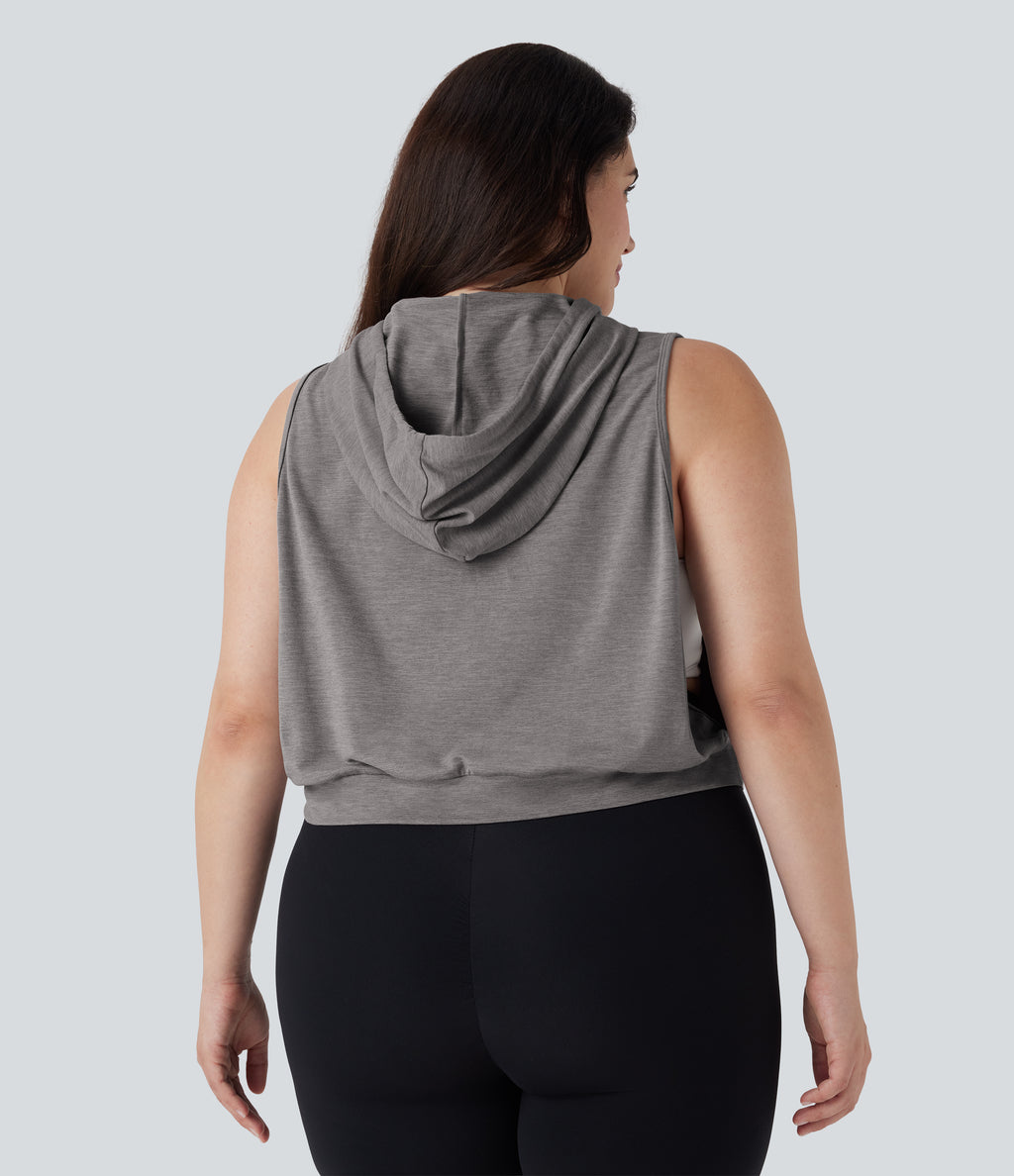 Hooded Drawstring Sleeveless Cropped Running Plus Size Tank Vest Top — Mottled Earth Gray — view 2
