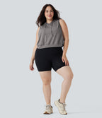 Hooded Drawstring Sleeveless Cropped Running Plus Size Tank Vest Top — Mottled Earth Gray — view 6