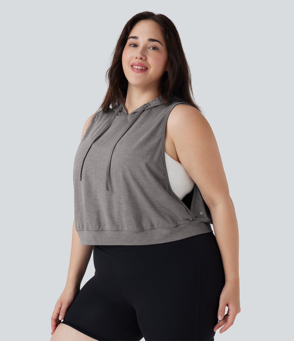 Hooded Drawstring Sleeveless Cropped Running Plus Size Tank Vest Top — Mottled Earth Gray — view 3
