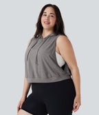 Hooded Drawstring Sleeveless Cropped Running Plus Size Tank Vest Top — Mottled Earth Gray — view 3