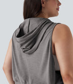 Hooded Drawstring Sleeveless Cropped Running Plus Size Tank Vest Top — Mottled Earth Gray — view 5