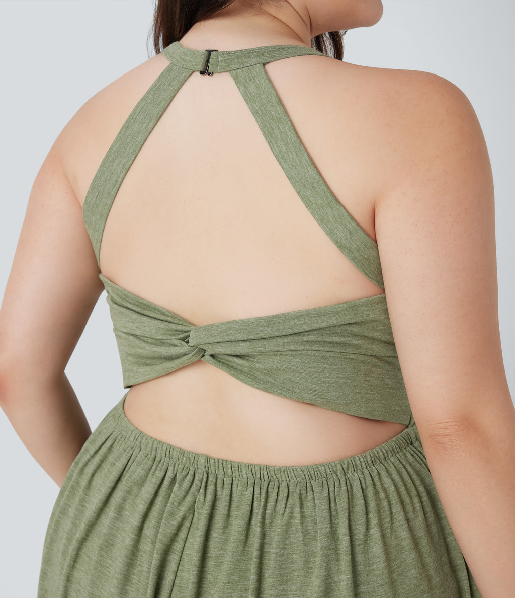 Backless Twisted 2-in-1 Resort Plus Size Playsuit with Pockets-Edition — Light Green Floral Yarn — view 6