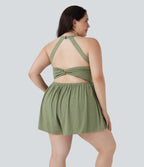 Backless Twisted 2-in-1 Resort Plus Size Playsuit with Pockets-Edition — Light Green Floral Yarn — view 2