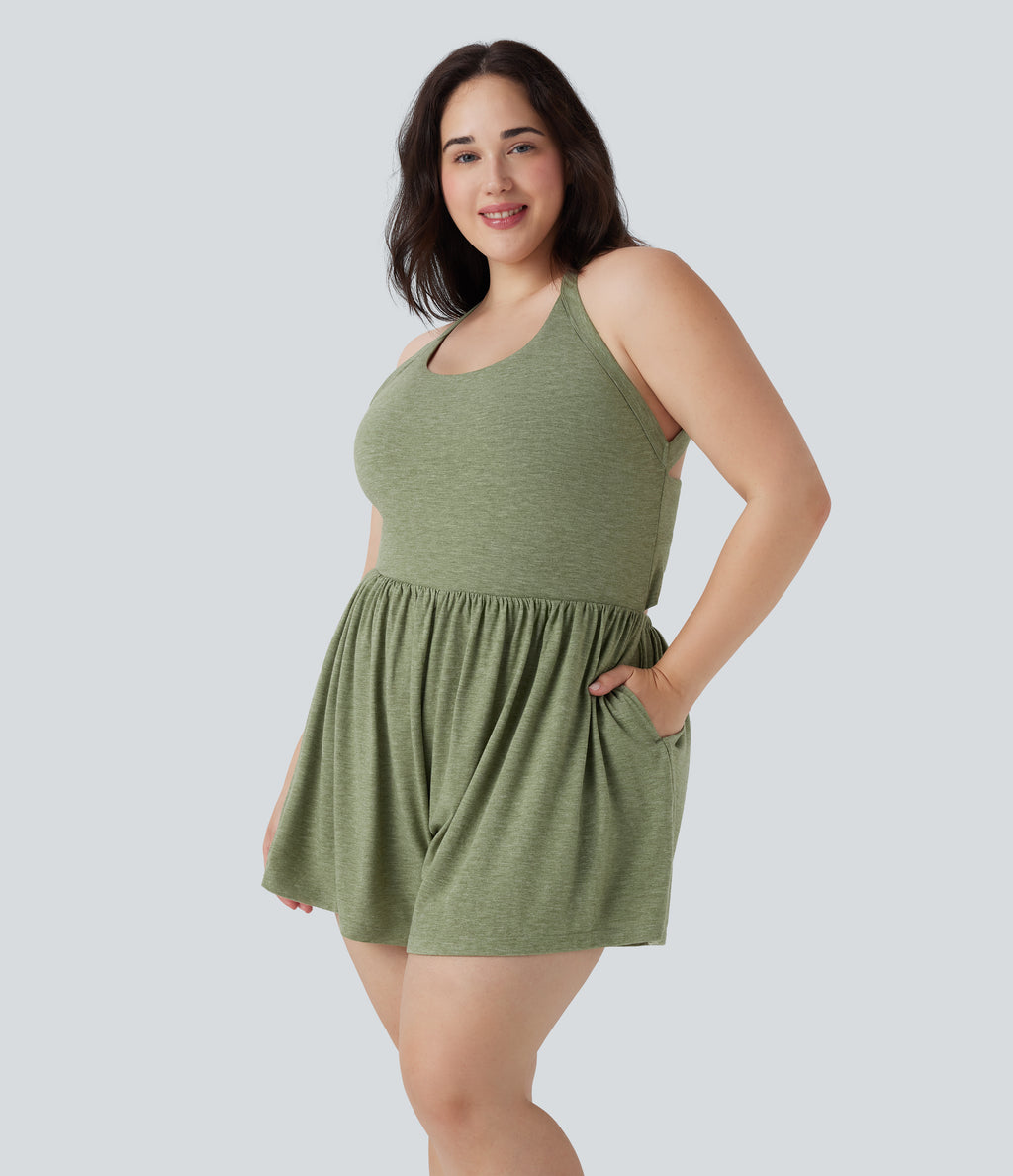 Backless Twisted 2-in-1 Resort Plus Size Playsuit with Pockets-Edition — Light Green Floral Yarn — view 3