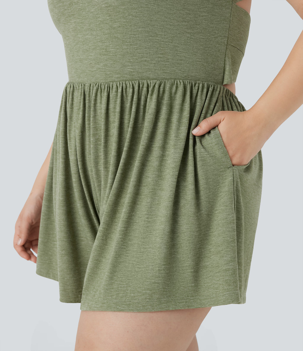 Backless Twisted 2-in-1 Resort Plus Size Playsuit with Pockets-Edition — Light Green Floral Yarn — view 7