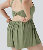 Backless Twisted 2-in-1 Resort Plus Size Playsuit with Pockets-Edition — Light Green Floral Yarn — view 4