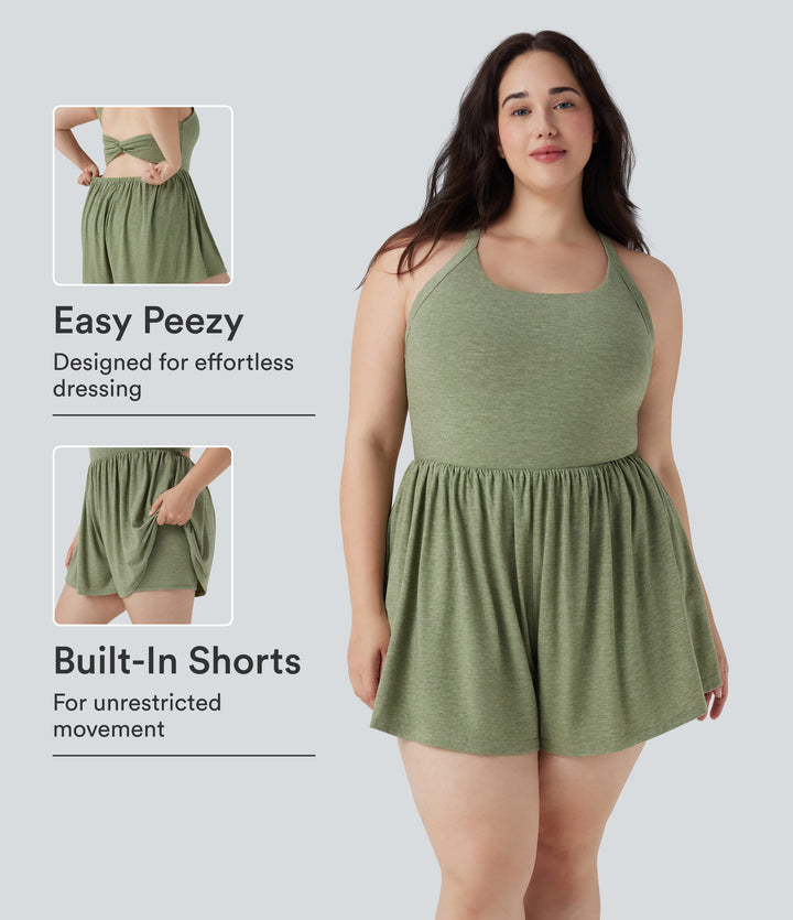 Backless Twisted 2-in-1 Resort Plus Size Playsuit with Pockets-Edition — Light Green Floral Yarn — view 1
