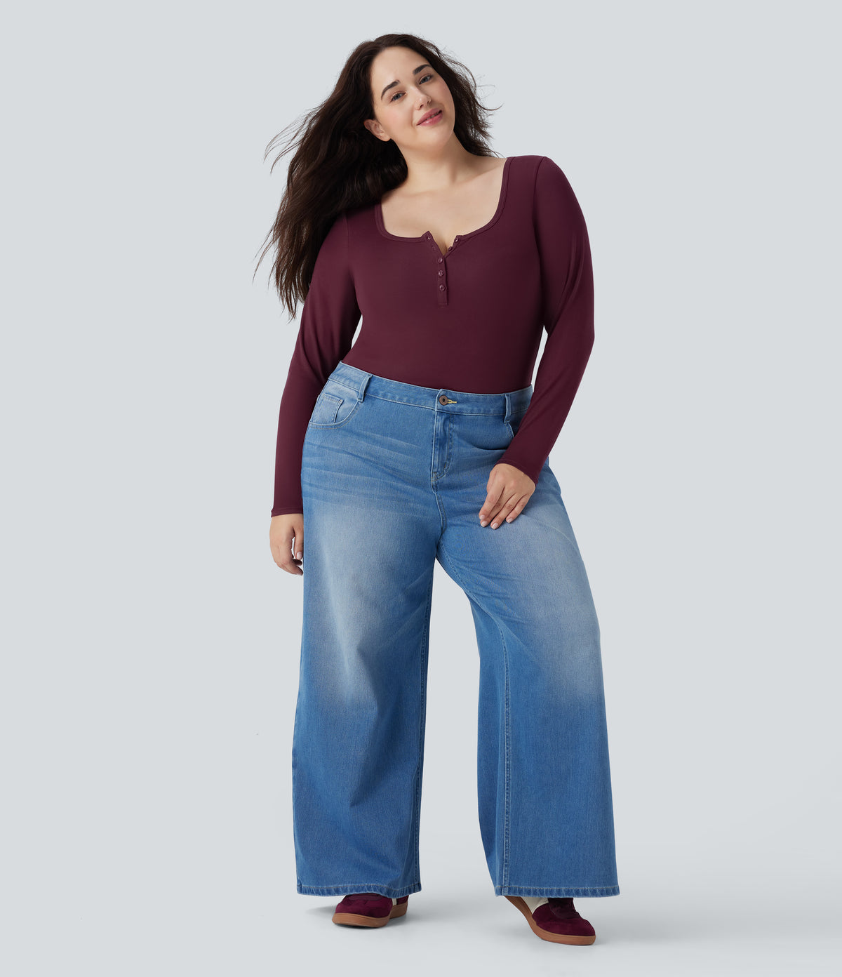 Plus Size Ribbed Henley Neck Long Sleeve Casual Top — Maroon Banner — view 6