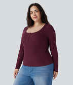 Plus Size Ribbed Henley Neck Long Sleeve Casual Top — Maroon Banner — view 3