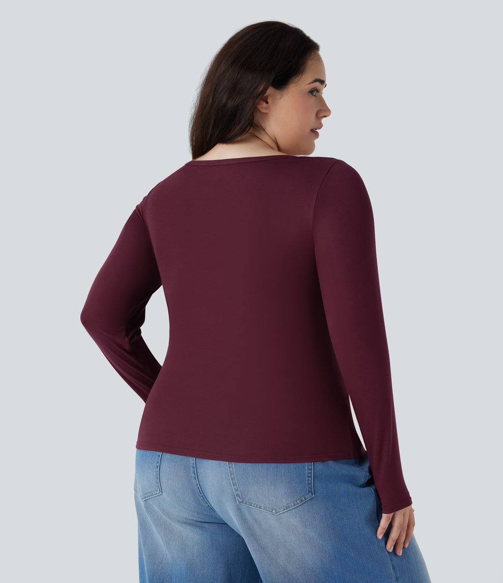Plus Size Ribbed Henley Neck Long Sleeve Casual Top — Maroon Banner — view 2
