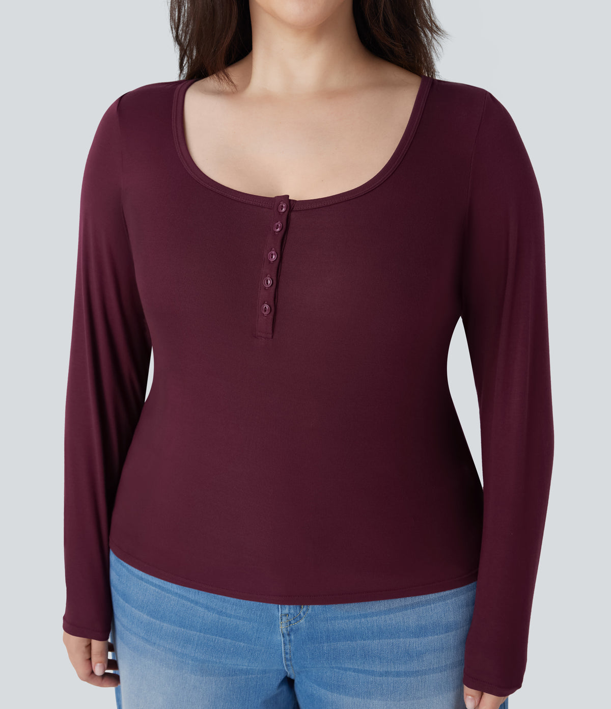 Plus Size Ribbed Henley Neck Long Sleeve Casual Top — Maroon Banner — view 4