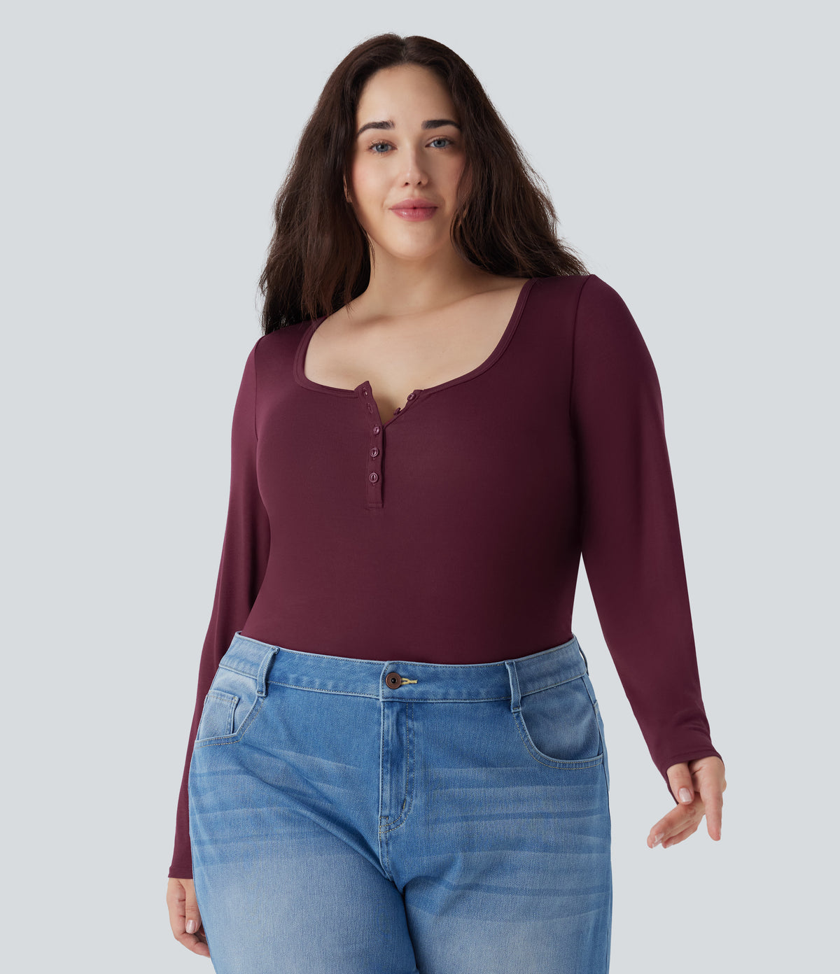 Plus Size Ribbed Henley Neck Long Sleeve Casual Top — Maroon Banner — view 1