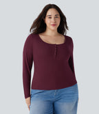 Plus Size Ribbed Henley Neck Long Sleeve Casual Top — Maroon Banner — view 5