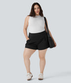 Plus Size High Waisted Work Shorts with Pockets — Black — view 6
