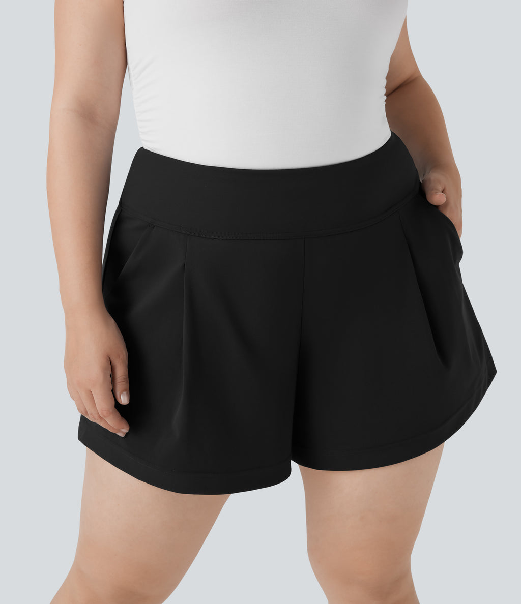 Plus Size High Waisted Work Shorts with Pockets — Black — view 5