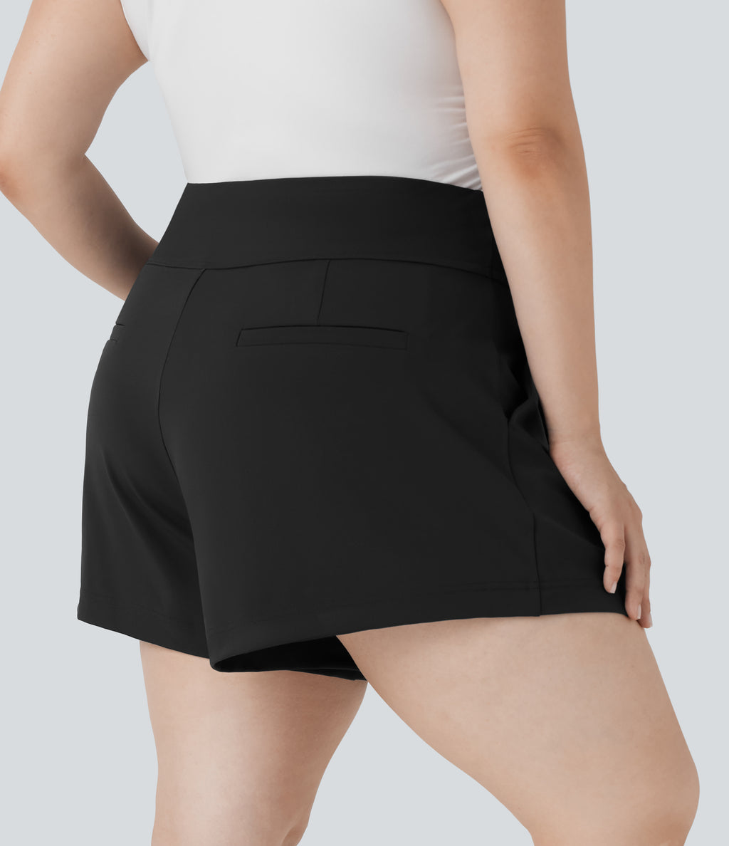 Plus Size High Waisted Work Shorts with Pockets — Black — view 4