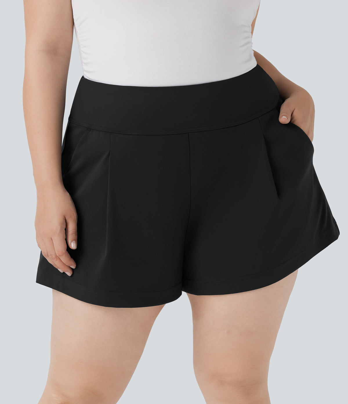 Plus Size High Waisted Work Shorts with Pockets — Black — view 1