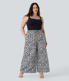 Plus Size High Waisted Drawstring Leopard Print Wide Leg Casual Trousers with Side Pockets — Silver Leopard Print — view 5