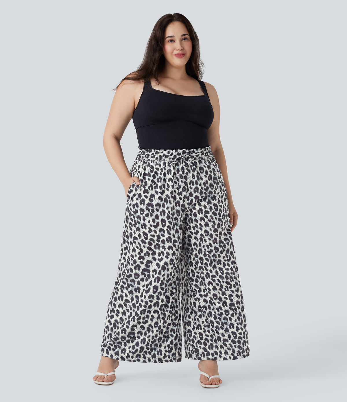 Plus Size High Waisted Drawstring Leopard Print Wide Leg Casual Trousers with Side Pockets — Silver Leopard Print — view 5