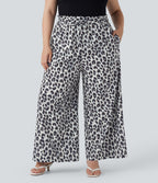 Plus Size High Waisted Drawstring Leopard Print Wide Leg Casual Trousers with Side Pockets — Silver Leopard Print — view 1