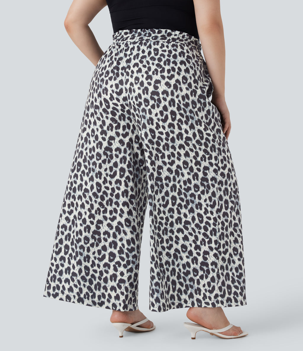 Plus Size High Waisted Drawstring Leopard Print Wide Leg Casual Trousers with Side Pockets — Silver Leopard Print — view 2
